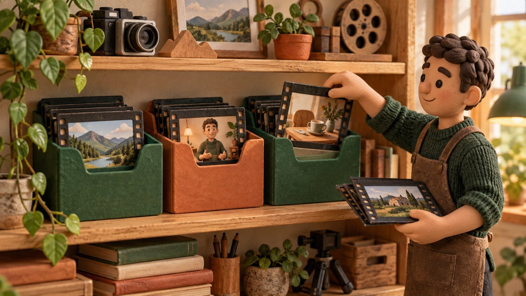A miniature creator sorting video frames into folders on a wooden shelf.