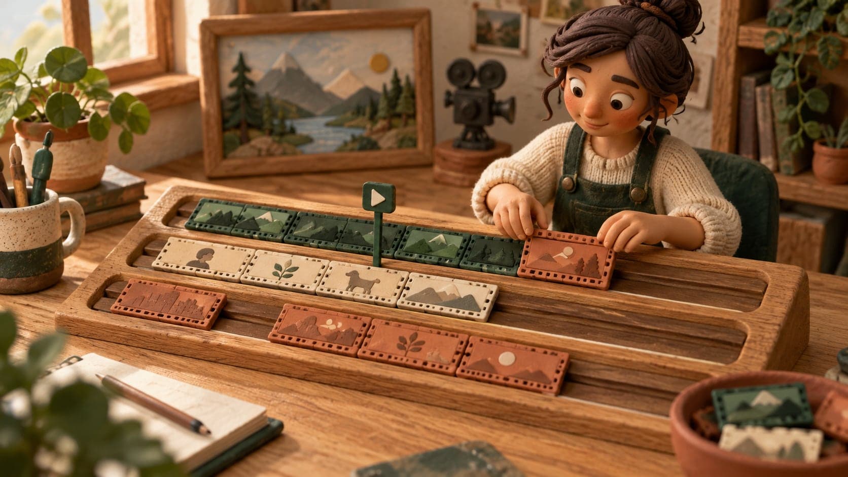 Un monteur miniature organise des séquences colorées sur une timeline en bois.
