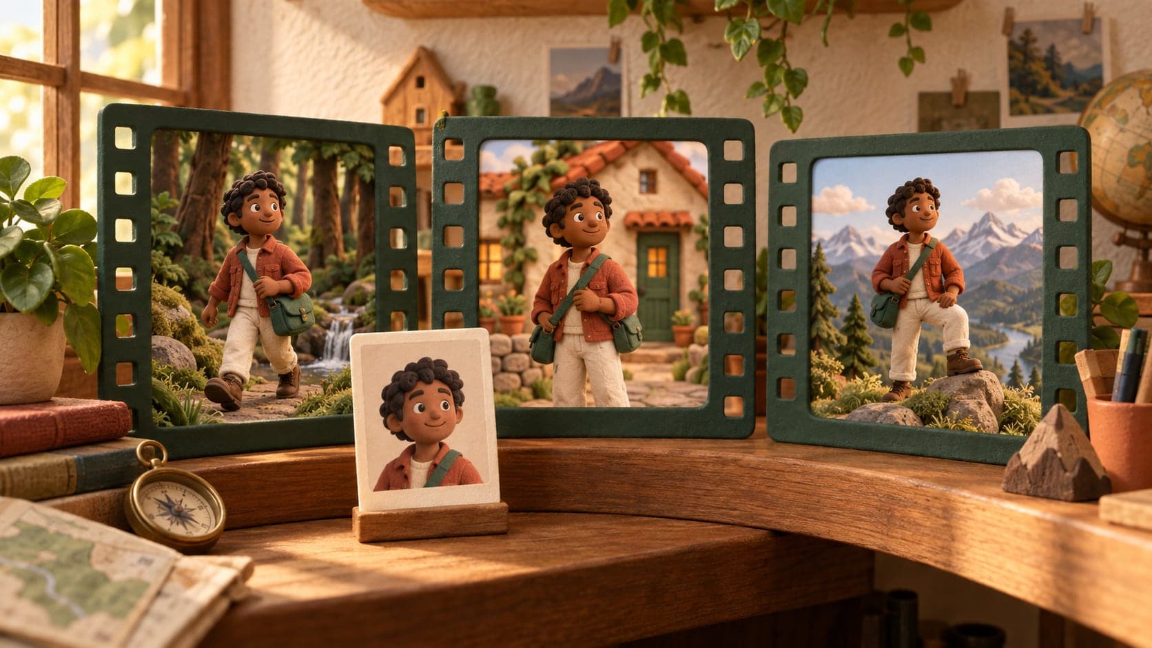 Le même explorateur miniature apparaît dans trois scènes différentes.