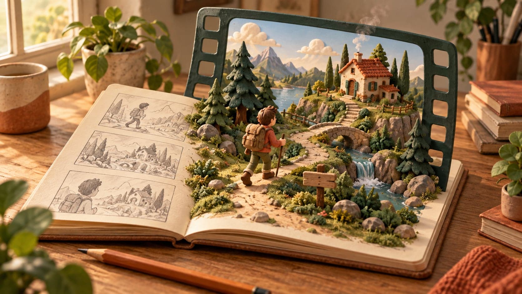 A miniature forest story rising from an open storyboard notebook.