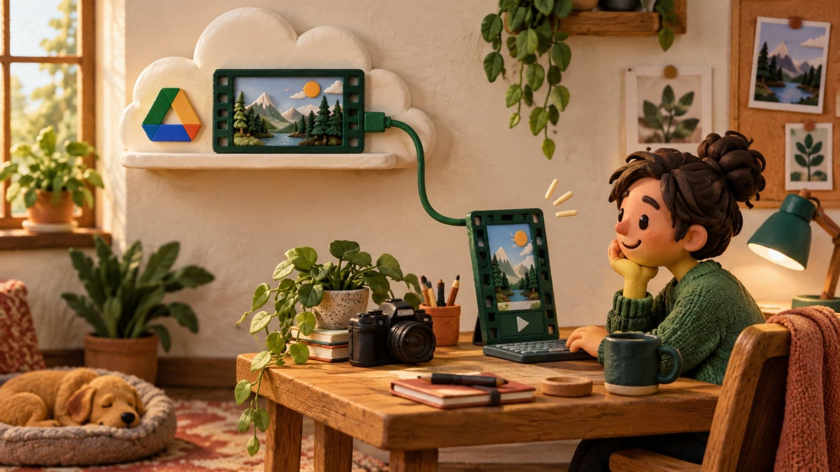 Un fichier vidéo passe d’une étagère en forme de nuage à un bureau de montage miniature.