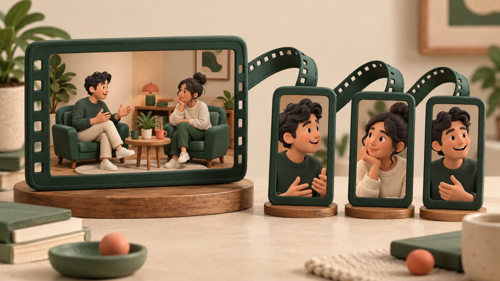 A miniature podcast scene connected to three portrait clips from the same episode.