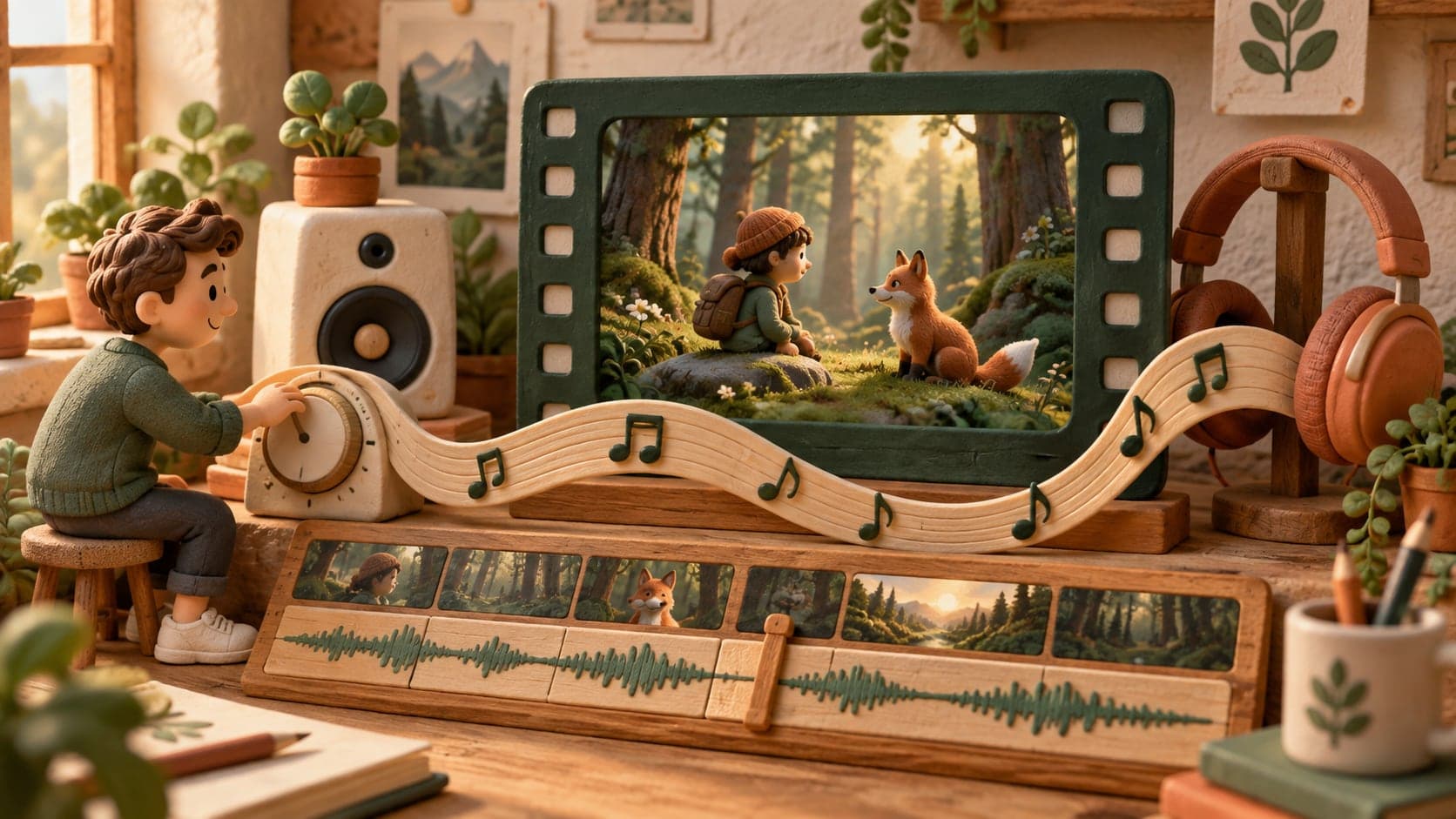 Miniature speakers and musical notes surrounding a video story.