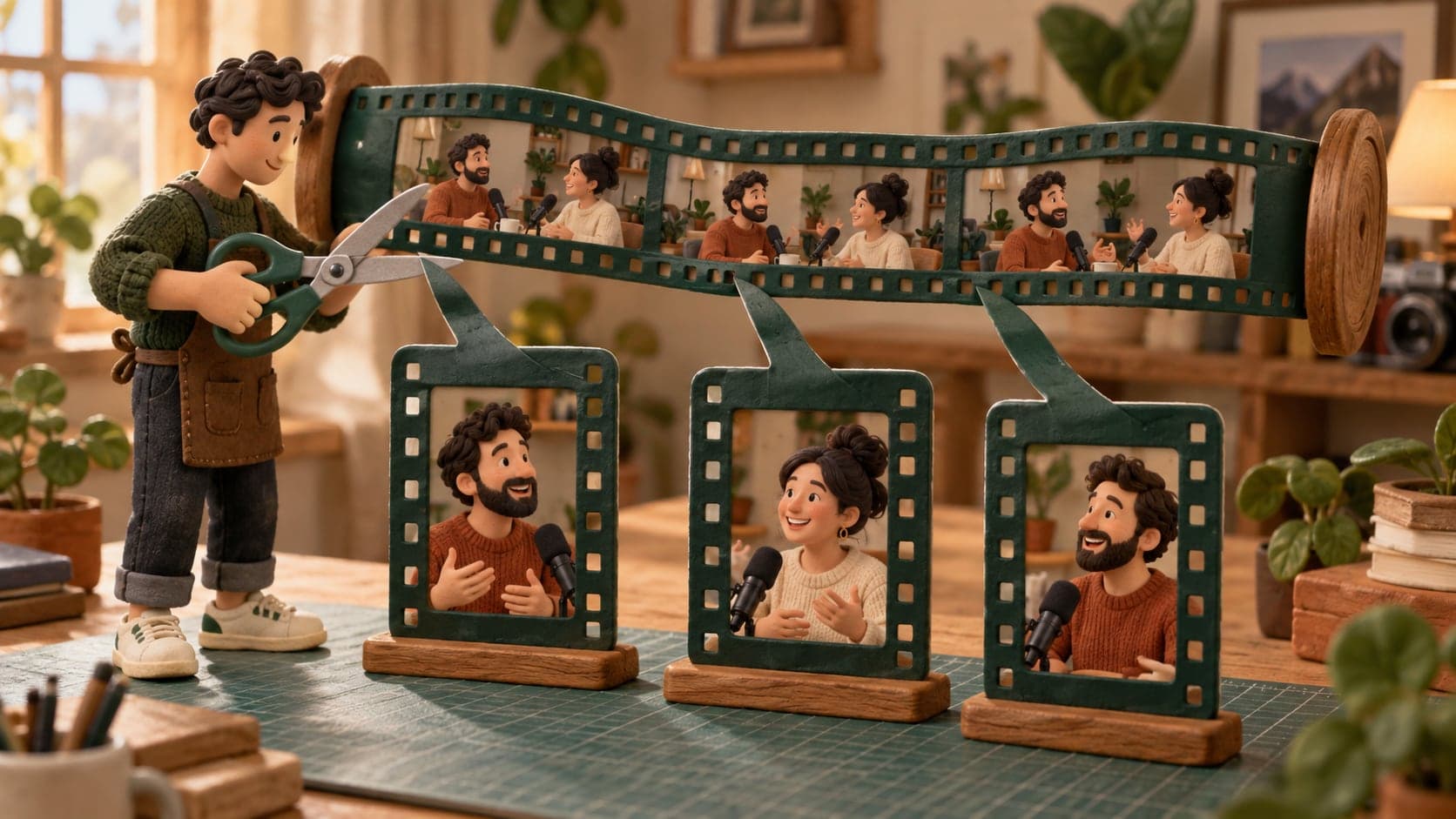 Une longue bande de film devient trois petits clips verticaux.