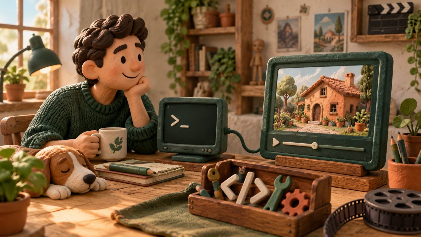 Un terminal et une boîte à outils miniatures reliés à un cadre vidéo.
