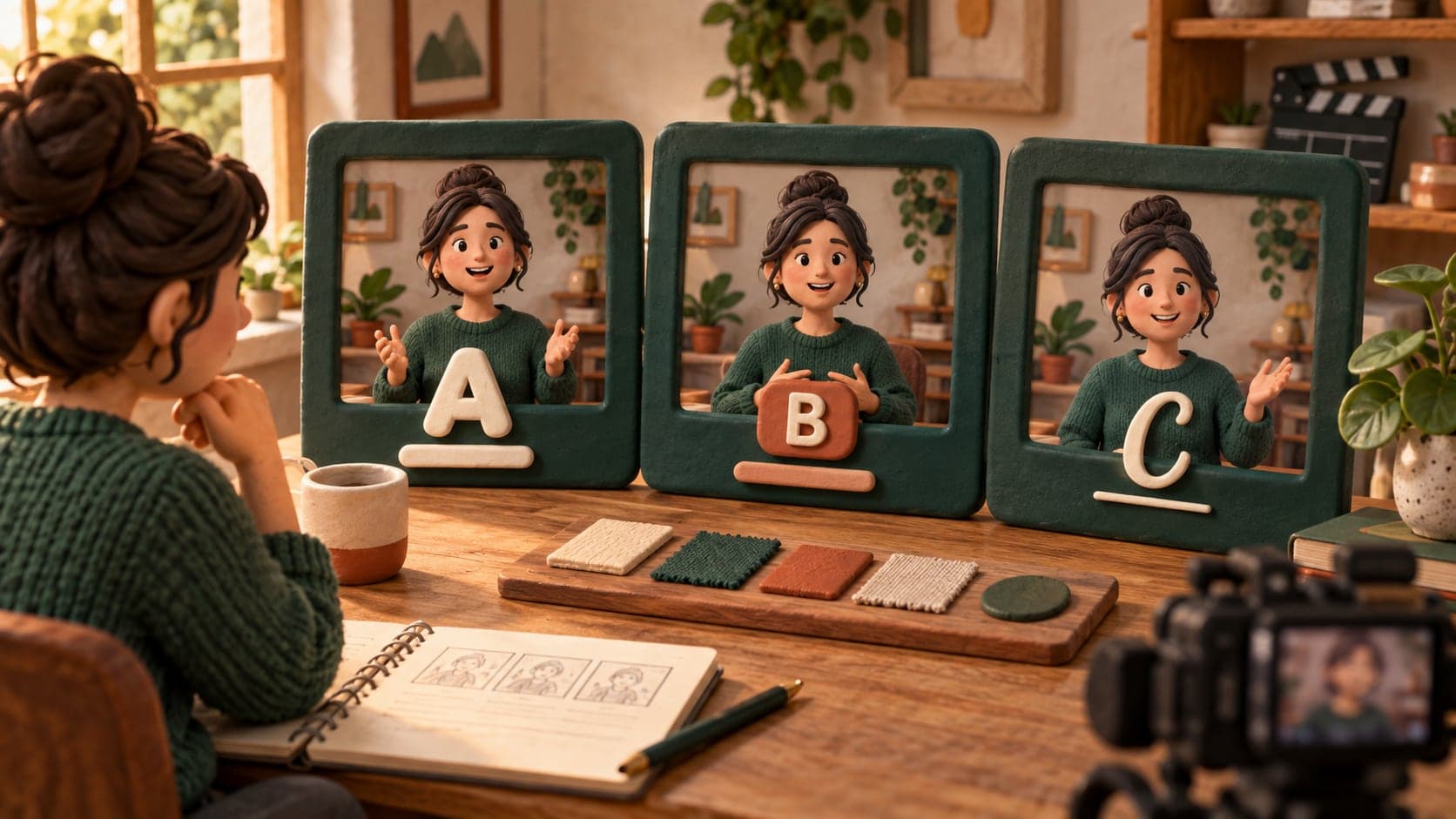 Trois cadres vidéo miniatures présentent différents styles de lettres en relief.