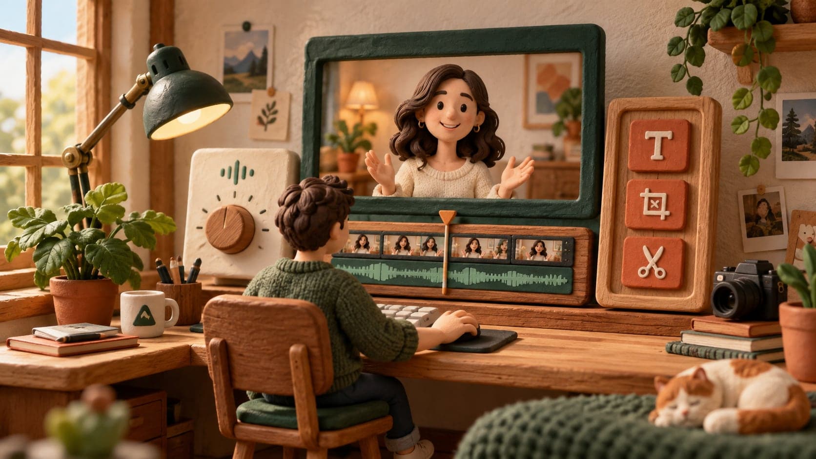 A miniature editing desk with video, timeline, audio and text tools together.