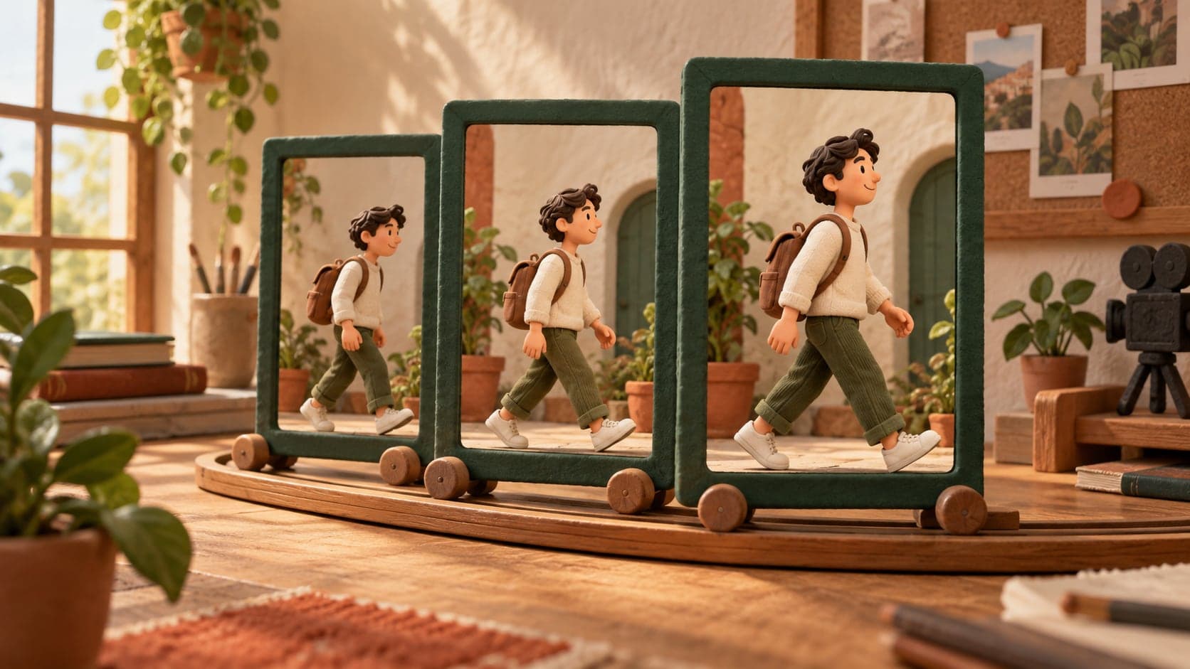 Des cadres verticaux suivent un personnage miniature dans une scène large.