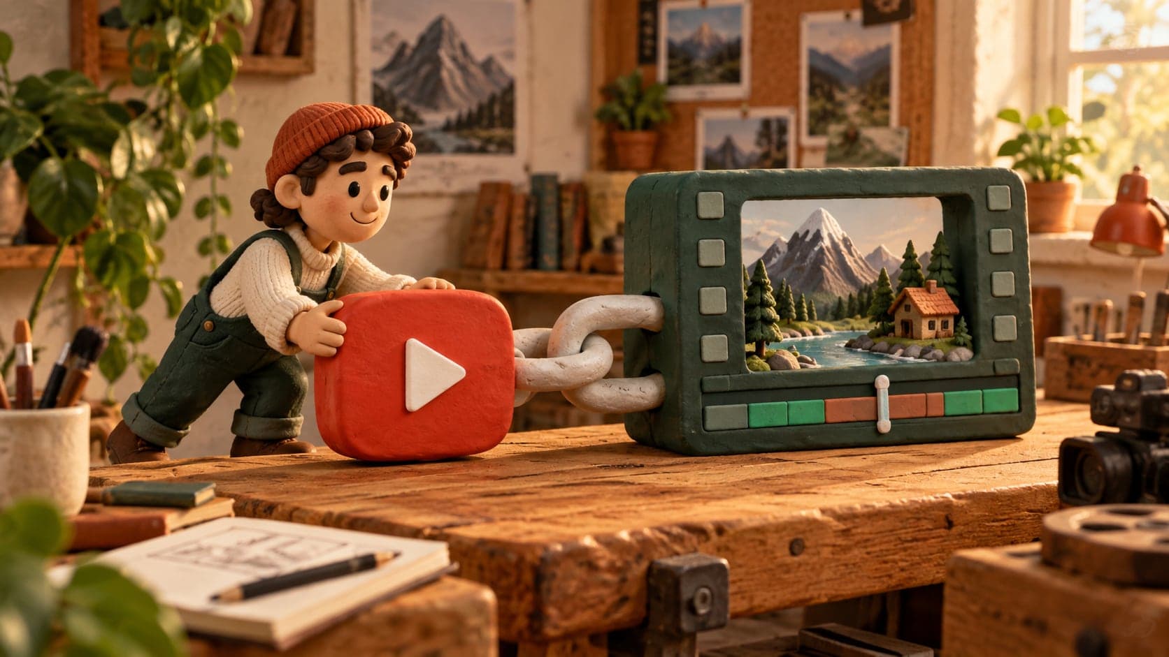 A red play tile linked to a miniature video editing frame.