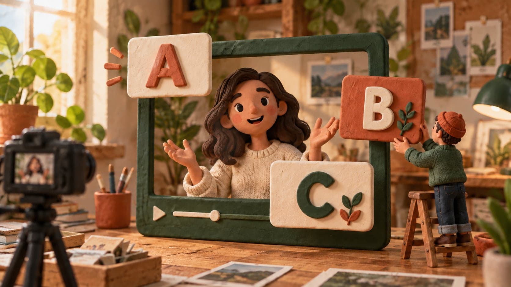 A miniature maker placing sculpted text layers in front of a video frame.