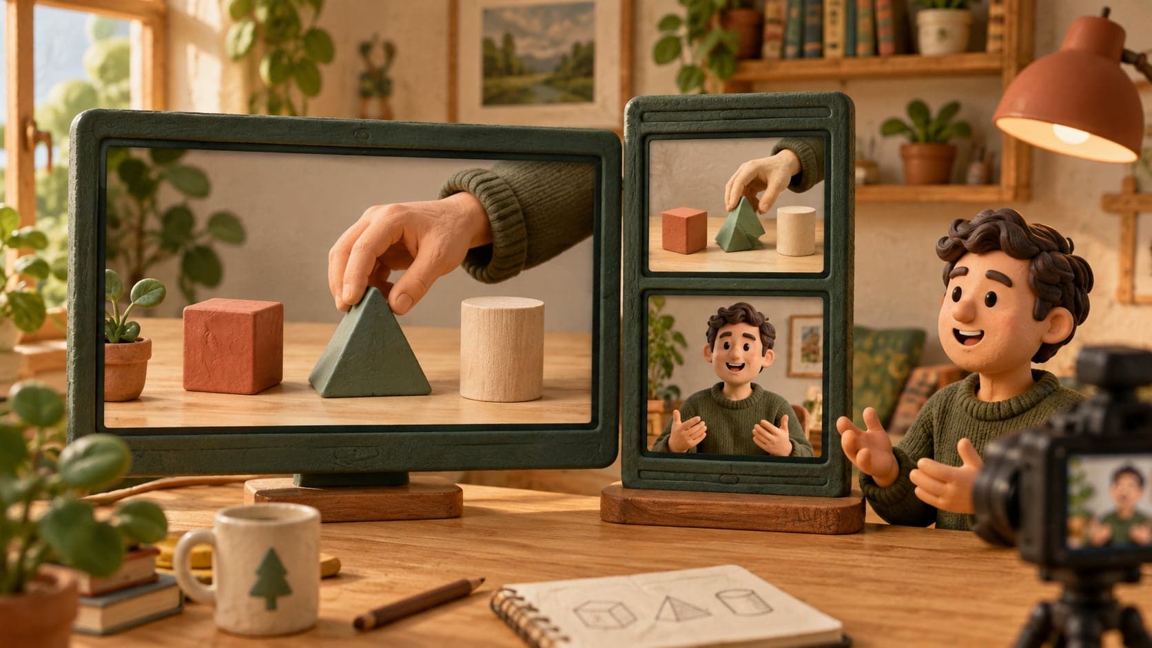 A miniature tutorial with its demonstration stacked above the presenter.