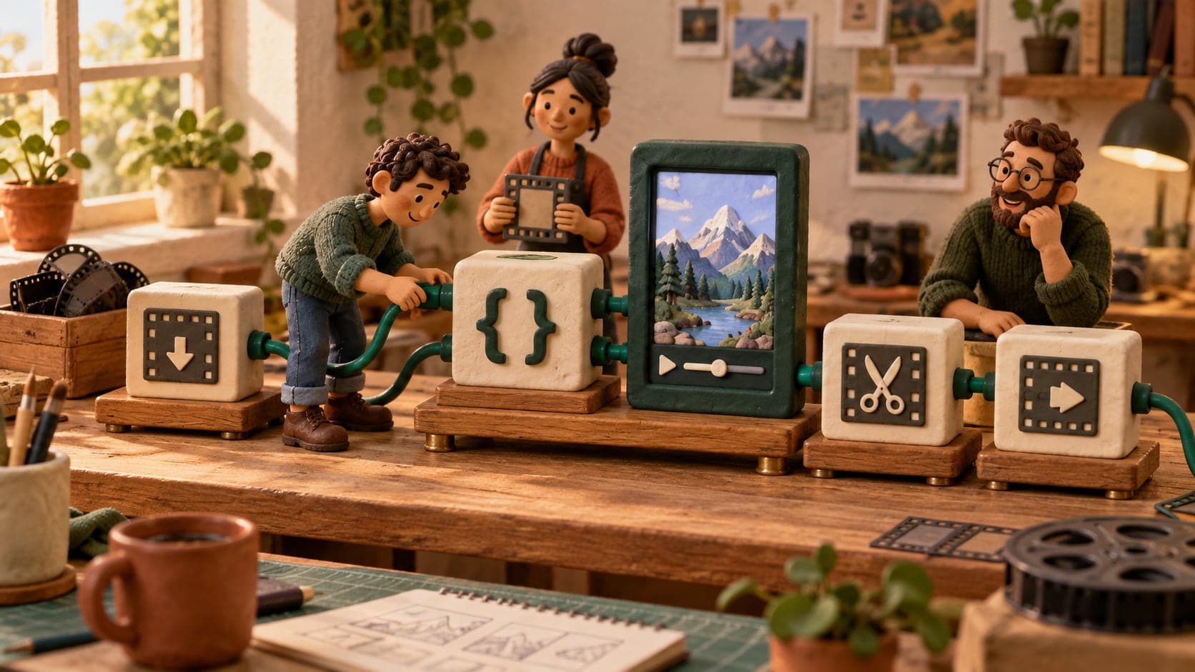 Des blocs de code reliés à un atelier de création vidéo miniature.