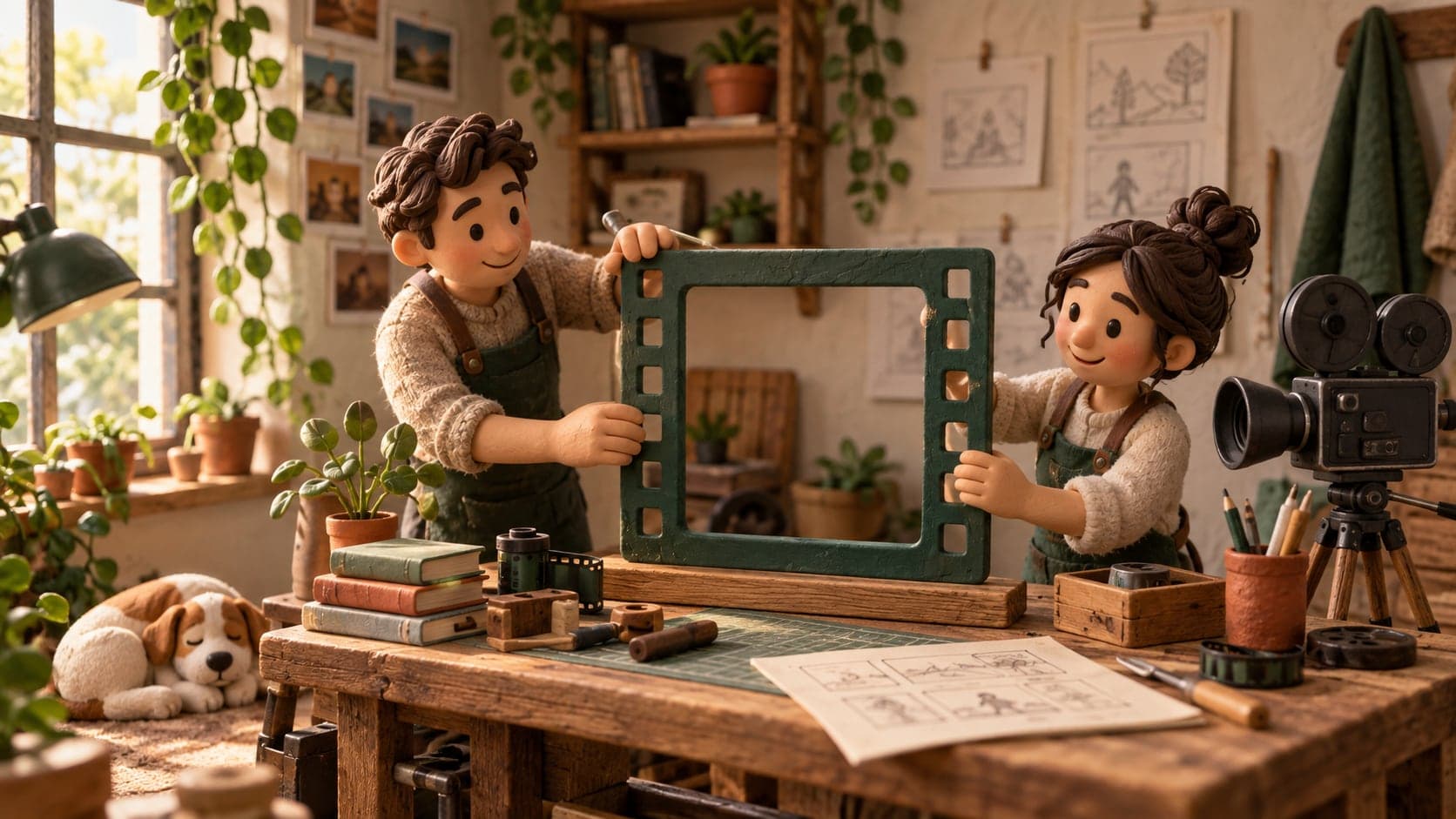 Deux personnages miniatures assemblent leur premier cadre vidéo dans un petit atelier.